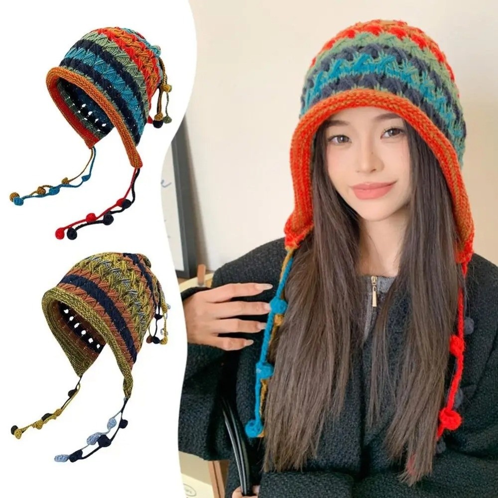 Winter Ethnic Fashion For Women - Moda Gökkuşağı Çizgili Örme Yün Şapka