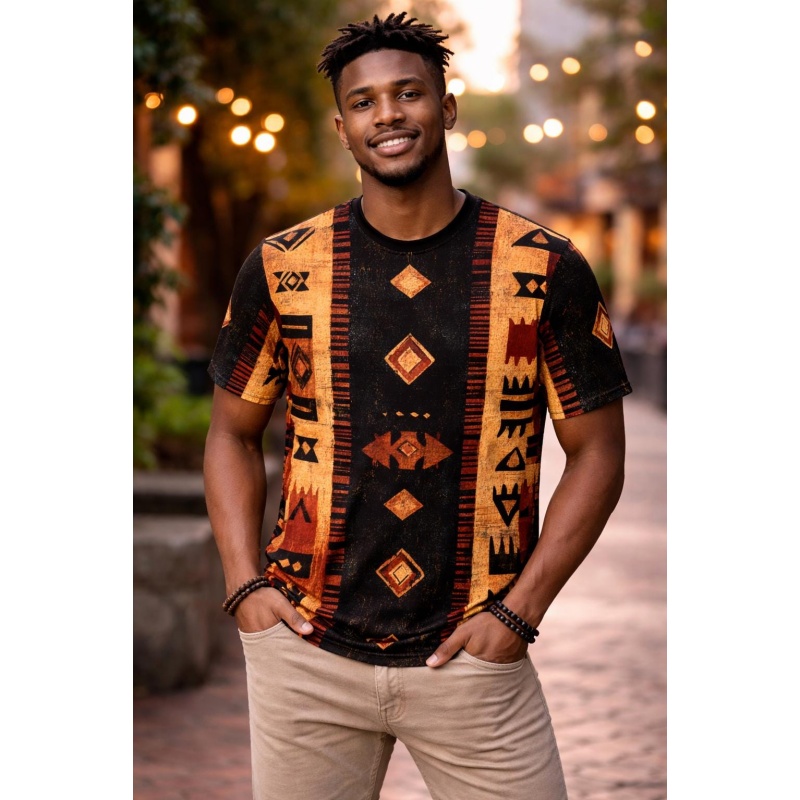 Mudcloth Print Top - Tribal Afrika Çamurluk Desenli Erkek Tişörtü