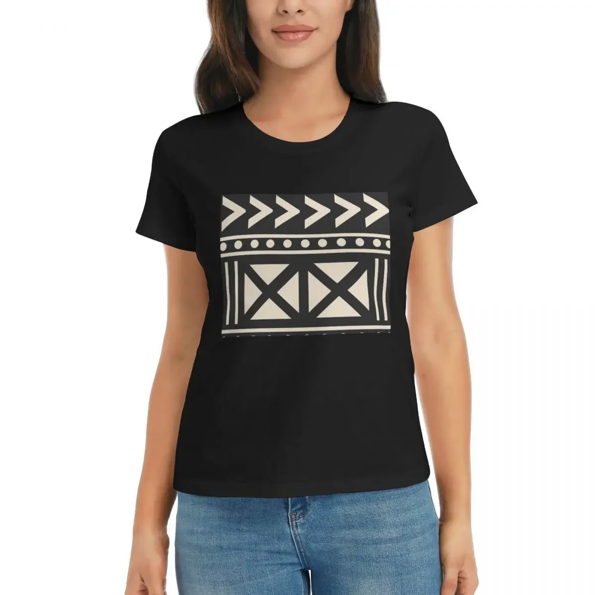 Mudcloth Print Top - Kadın Tişörtü Afrika Çamur Kumaşı Siyah